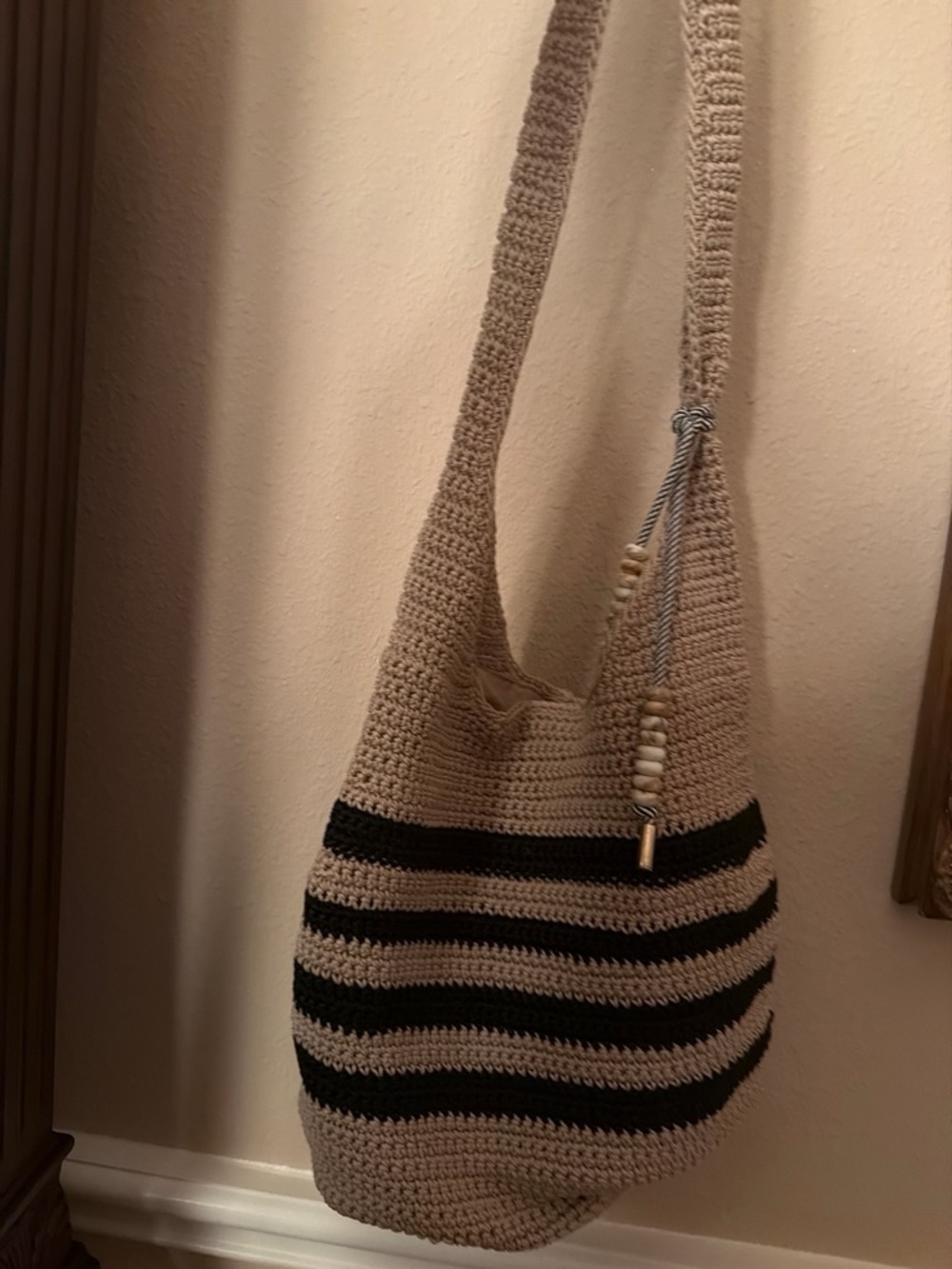 Tommy Bahama Beige and Black Striped Crochet Crossbody Bag